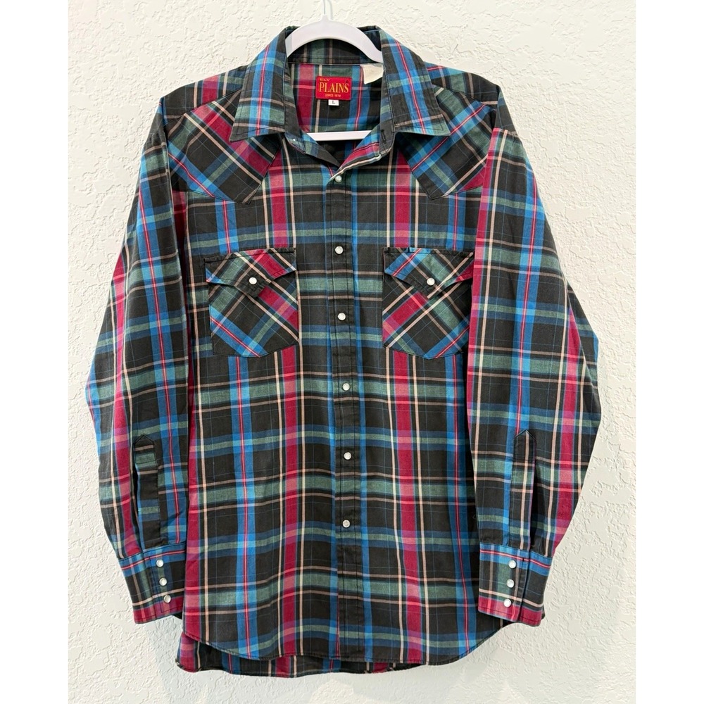 Ely Plains Men's L Multicolor Plaid Long Sleeve Pearl Snap Western Shirt Pockets